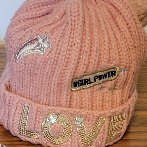 ❣️HP❣️Children's Place pink sequin LOVE Girl Power tabagon pom tassel hat sz:S - Picture 2 of 4